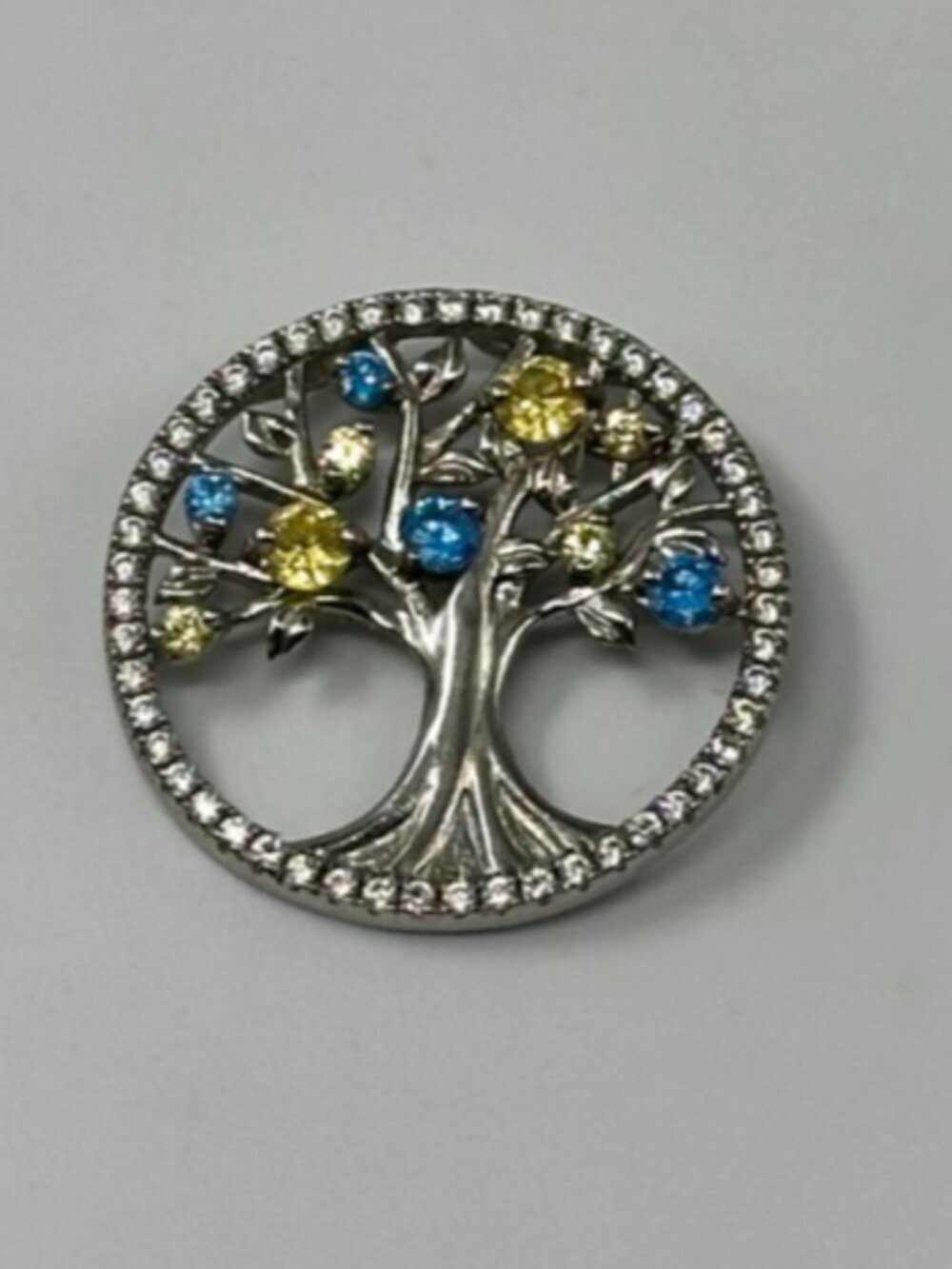 Tree of Life Sterling Silver Pendant 925 Green Blue Stone Round Family